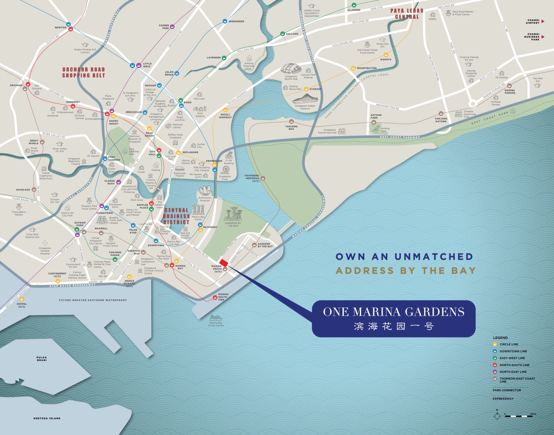 Map showing One Marina Gardens's location relative to nearby MRT stations, schools and amenities